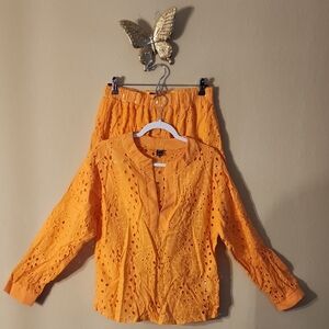 Orange Eyelet Blouse and Skirt Set